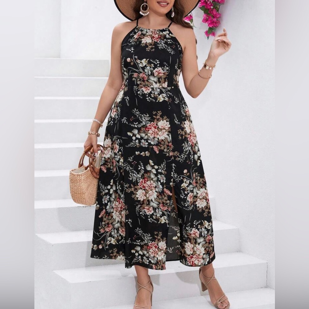 NWT Floral print split thigh halter dress NIP